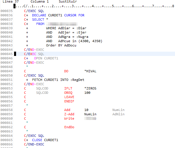 sqlrpgle update cursor sql